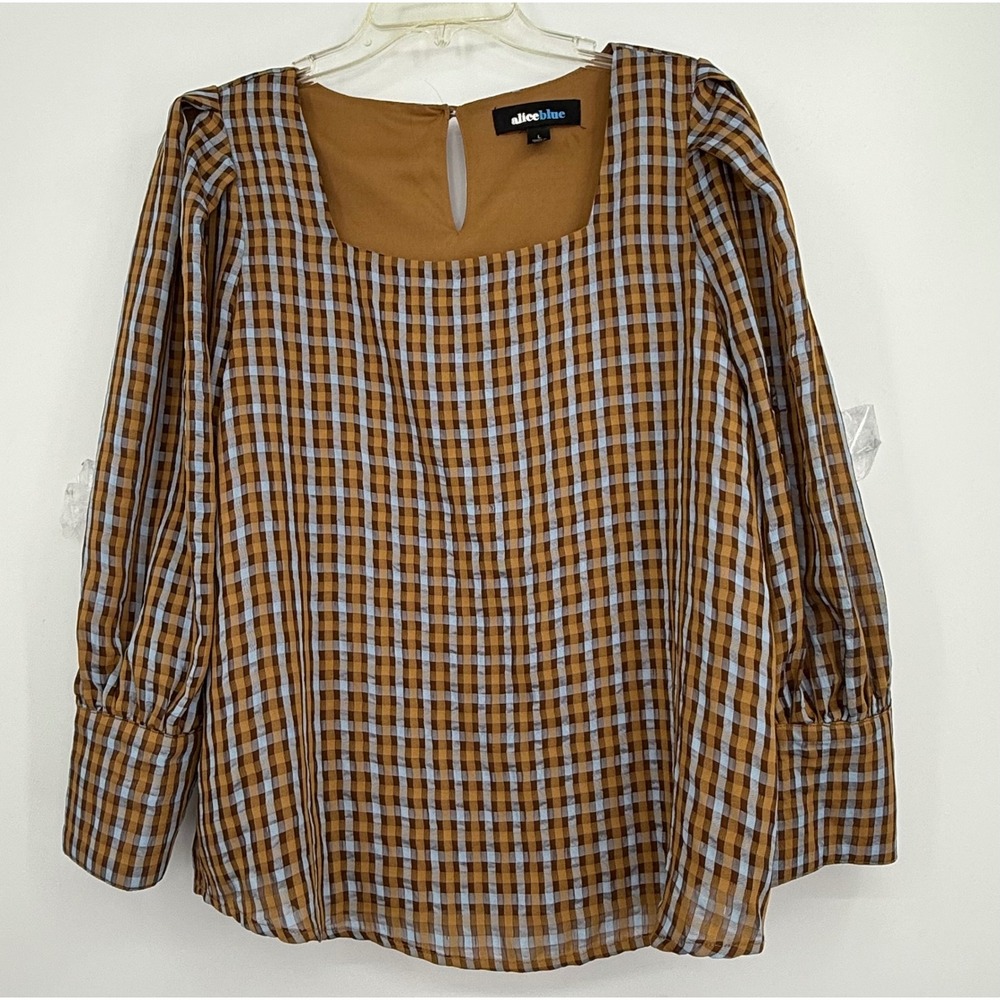 Alice Blue Gingham Square Neck Puff Sleeve Blouse Top Women L‎ Retro Work Chic